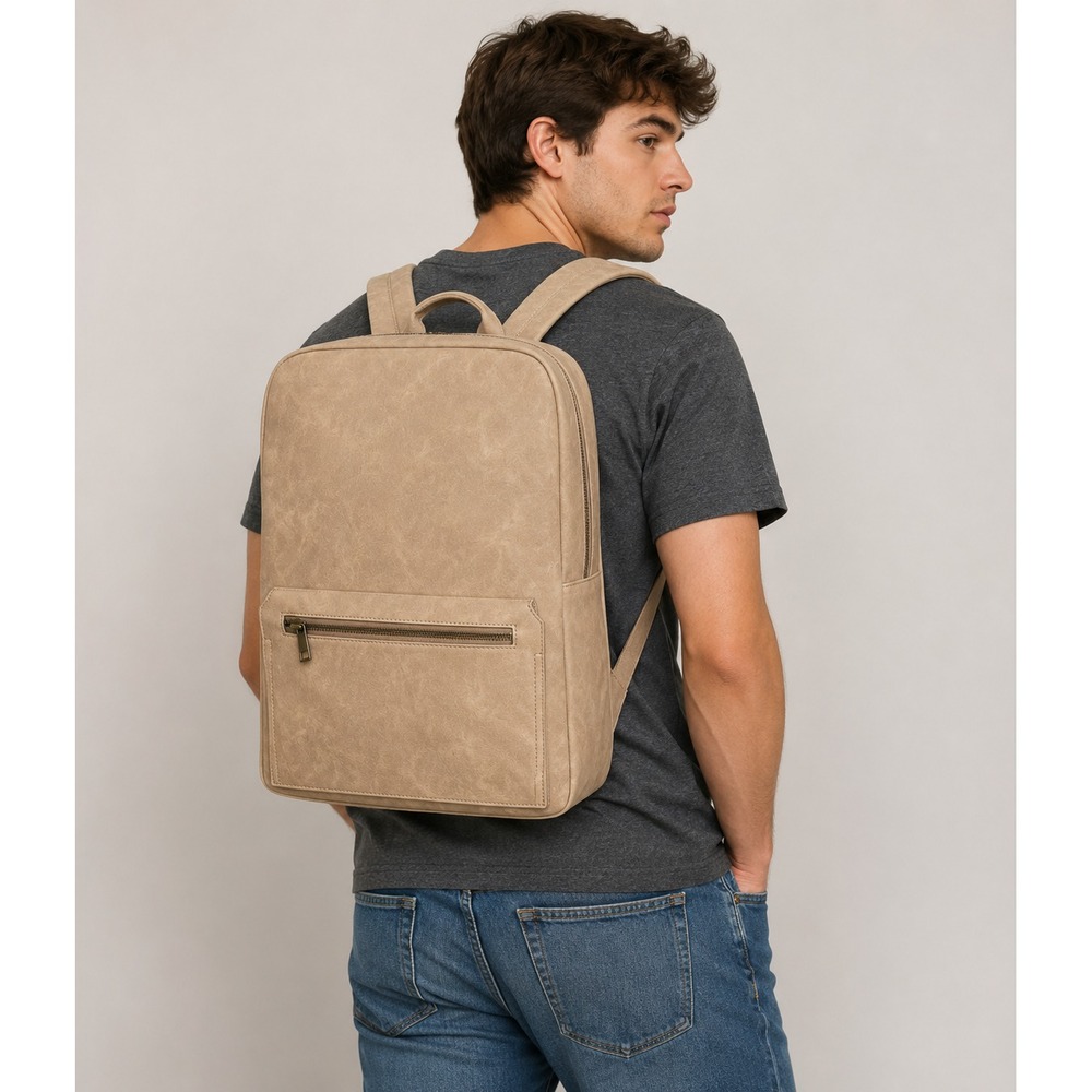 Alfani Beige Faux Leather Backpack Adjustable Straps Zip Closure Casual Bag